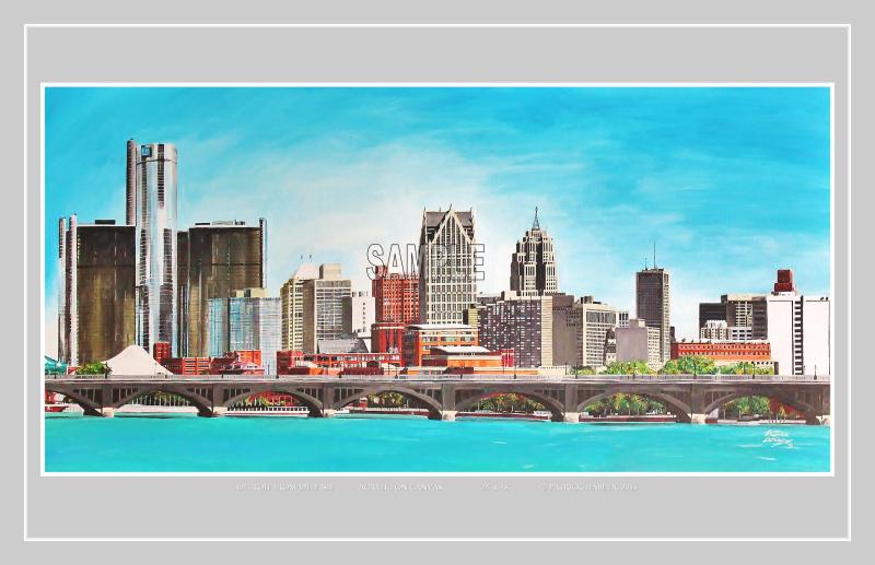 DETROIT FROM BELLE ISLE Acrylic on canvas 24" x 48" [Print 11" x 17" available: $40.00 USD + shipping (& tax where applicable)]. Click Buy Now PayPal Button below  